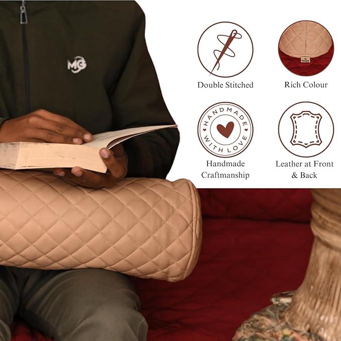Neck Roll Pillow Cushion Cover, 18x6 Inch Full Moon Round Bolster Pillow Case, Cylinder Soft Lambskin Leather Pillowcase for Head, Spine & Neck Support During Sleep - Quilted Beige Pack of 2