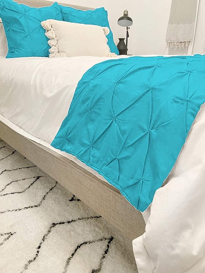 Bed Runner Set - 100% Pure Cotton 800 Thread Count - Luxury 1 Pinch Pleated Bed Runner and 2 Pillow Cover - 3 Piece Pinch Pleated Bed Runner Set Twin, Turquoise