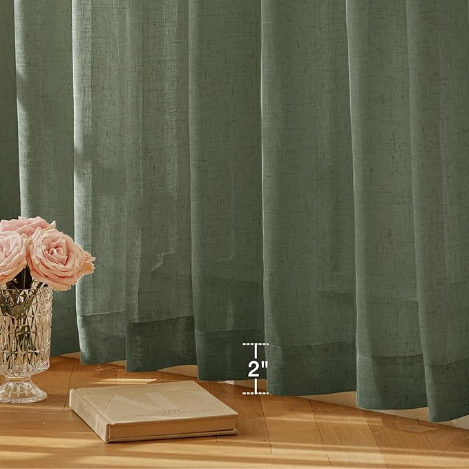 Anmao Natural Linen Curtains for Living Room 45 Inch Length 2 Panels Set, Light Filtering Semi Sheer Window Curtain Drapes for Bedroom with Curtain Rings and Clips, 52Wx45L, Olive Green