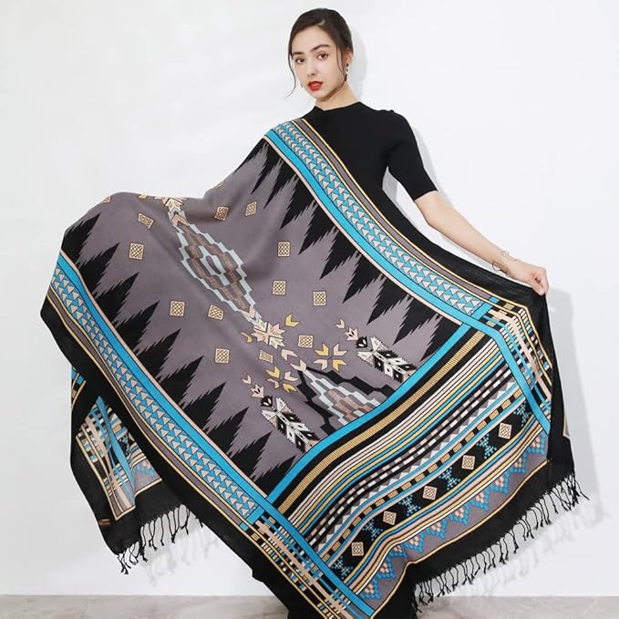 DANA XU 100% Merino Wool Pashmina Shawl for Women 96"x43", Oversized Cashmere Wrap with Tassels, Floral Travel Blanket Cape