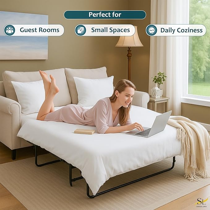 Sleeper Sofa Bed Sheet Set – Full Size, 100% Cotton, 338 Thread Count – 4-Piece Sofa Bed Sheets – Fits Mattresses Up to 6” Deep – Soft & Durable Pull-Out Couch Sheets (White Solid)