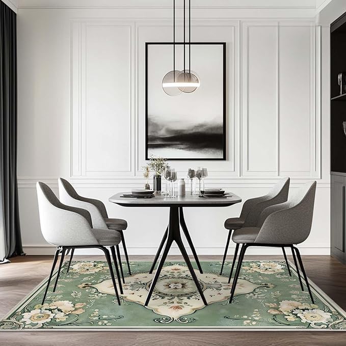 6x9 Traditional Oriental Area Rug Boho Green Rug Non Slip Low Pile Large Carpet for Home Kitchen Living Room Bedroom Dining Room Office