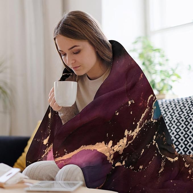 Modern Marble Blanket, Abstract Luxury Baroque Golden Purple Blue Stone Veins Pattern Soft Warm Cozy Plush Flannel Covers for Livingroom Bedroom Couch Chair Camping Travel Home Decor Tapestry 50x60in