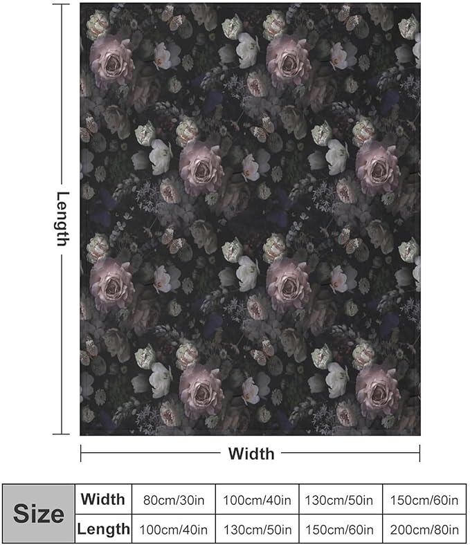 Vintage Gothic Floral Blanket, Black Pink Flower Rose Black Garden Roses Blooming Boho Throw Blankets for Home Bedding Couch Decor, 50"x60"
