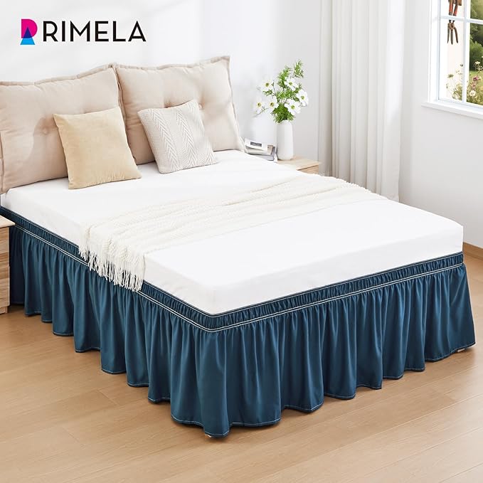 RIMELA Dusty Navy Bed Skirt King Size 18 Inch Drop, Wrap Around Elastic Bedskirt, Dust Ruffle for Adjustable Bed Base Machine Washable Easy to Install Bed Skirts