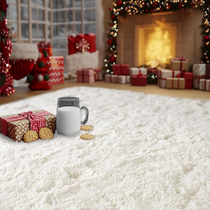 Cream White Plush Rug for Living Room Fuzzy Carpet for Bedroom Dorm, Non-Slip High Pile Rug, Shag Rug for Playroom Nursery Home Office Decor 10x14Ft