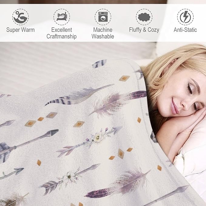 Boho Tribe Blanket, Bohemian Aztec Ethnic Tribe Native Tribal Arrows Feathers Print Pattern Throw Blanket for for Chair Bed Sofa Couch 30"x40"