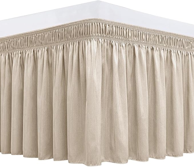 Biscaynebay Wrap Around Bed Skirts for King & Cal King Beds with Short Drop of 12", Light Camel Elastic Dust Ruffles Easy Fit Wrinkle & Fade Resistant Silky Luxurious Fabric Solid Machine Washable