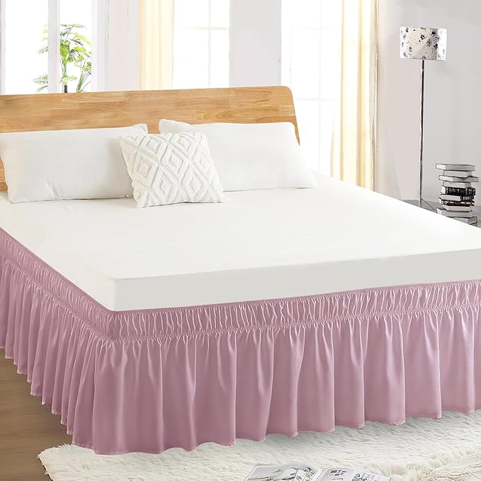 Full Bed Skirt, Elastic Wrap Around Bed Skirt Full Size, Bed Skirts for Adjustable Bed, Easy Fit with 14" Drop Length Tailored Drop Dust Ruffle (Pink)