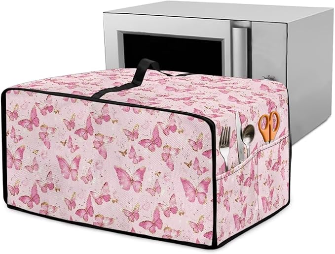 Pink Butterfly Print Microwave Oven Dust Cover Polyester-Linen Fabric Dust Cover for Microwave Oven Universal Dust-Proof Kitchen Appliance Protector Fits Most Microwaves, M
