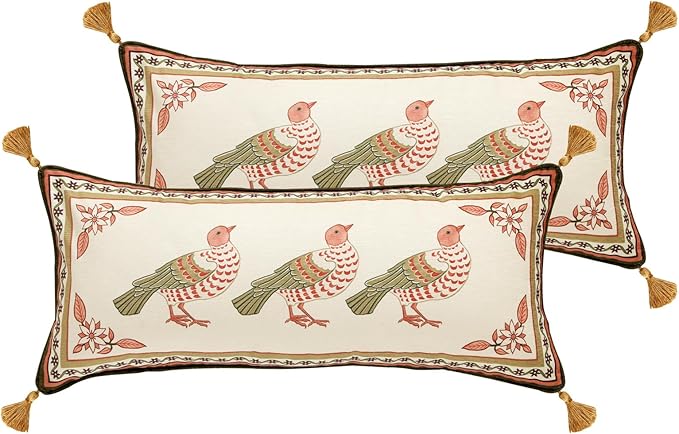 Rectangle Throw Pillow Covers Pack of 2,Velvet Farmhouse with Birds Pattern Pillowcases,Decor Long Lumbar Pillows Cushion Covers for Couch Sofa Bed Car Chair,12"x28"