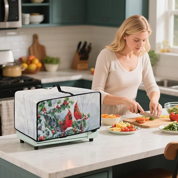 Christmas Microwave Oven Cover Air Fryer Toaster Oven Dust Cover with Accessory Pockets, Stain-resistant Small Electric Appliance Protector for Kitchen, S, Red Cardinal Bird Holly White