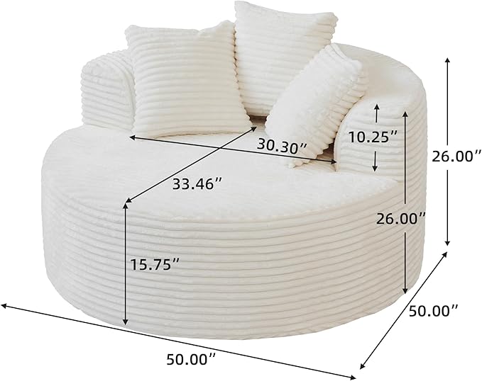 JACH Oversized Round Lazy Sofa Chair with Three Pillows, 50" Corduroy Deep Seat Single Sleeper Sofas, Upholstered Chaise, Cloud Couch for Living Room, Apartment, Beige