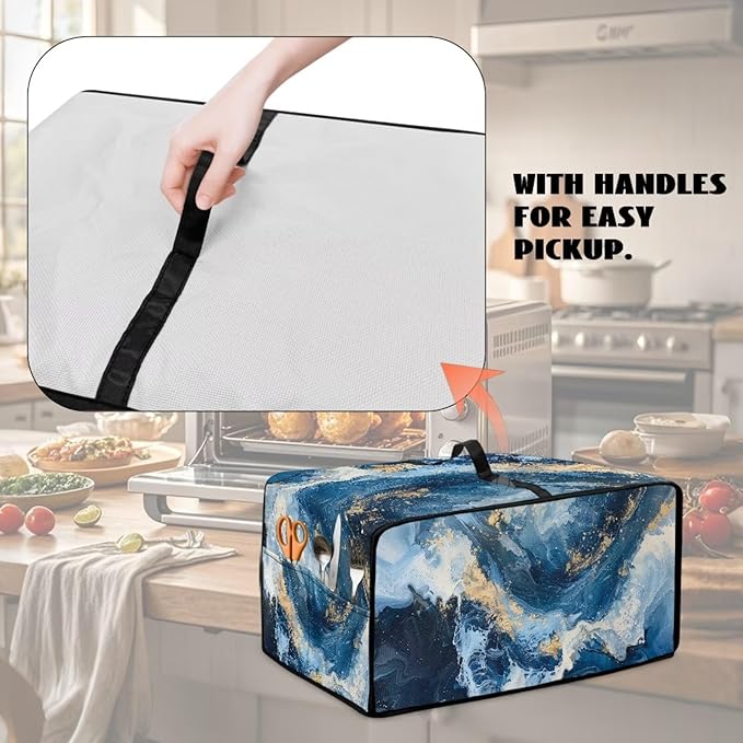Blue Golden Marble Texture Print Microwave Oven Cover Dust-Proof Polyester-Linen Fabric Toaster Oven Cover Easy to Clean Microwave Grill Cover Protector with Top Handle, M
