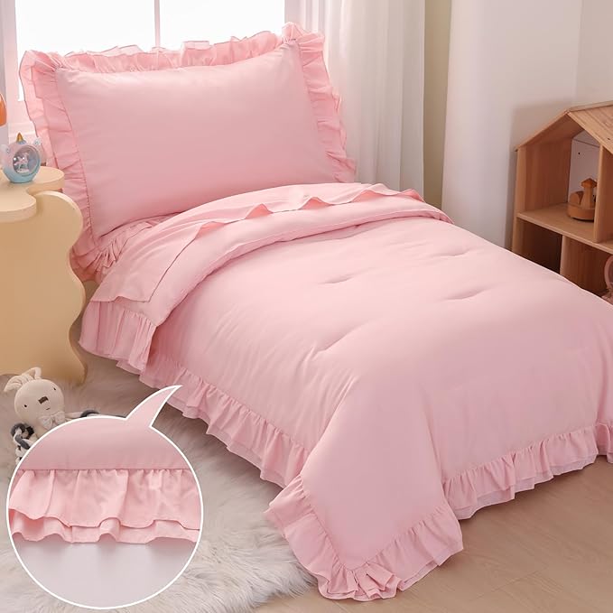 Wowelife Pink Toddler Bedding Set for Girls Toddler Bedding 4 Pieces Boho Tufted Comforter with Ruffles Design Toddler Girl Bed Set with Comforter, Fitted Sheet, Flat Sheet and Pillowcase