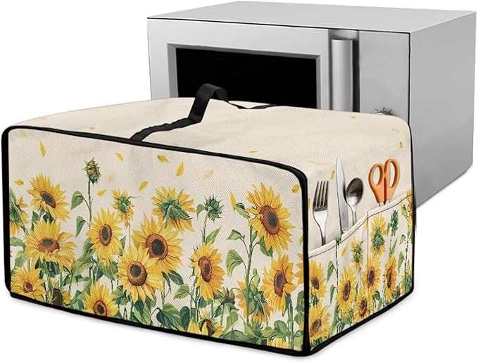 Convection Oven Cover with Storage Pockets, Dust-Proof Small Appliance Protector for Countertop Microwave Toaster Oven, S, 14.5 x 18.5 x 9 Inches, Sunflower Petals