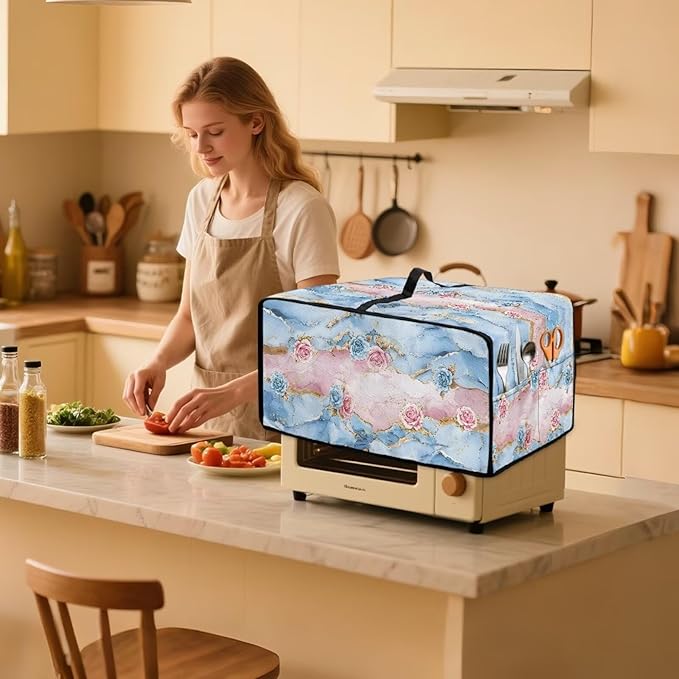 Rose Marble Texture Print Microwave Oven Grill Cover Protector Polyester-Linen Fabric Microwave Oven Dust Cover with Storage Bags Case Protections for Toaster Oven, L