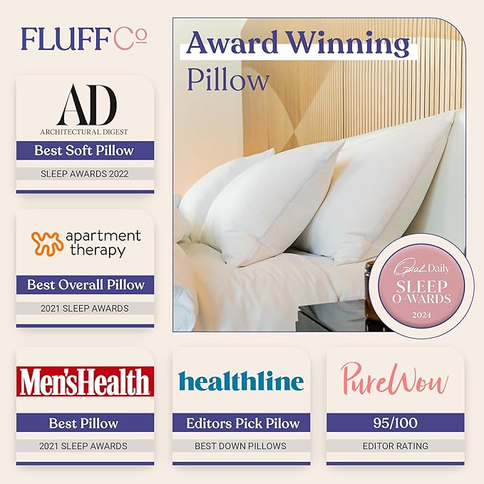 FluffCo Zen Fluff Pillows - Down Alternative - Standard/Queen Bed Pillow for Sleeping Made in USA - Luxury Hotel-Quality Pillow - Gift for Home - 100% Cotton, 300 Thread Count (Queen Size 1 Pack)
