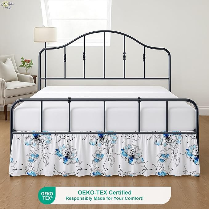 Cottington Lane Ruffled Bed Skirt King Size with Split Corner, Brushed Microfiber Hotel Quality Dust Ruffle, 18 Inch Drop Gathered Bedskirt, Soft, Stylish, Shrink & Fade Resistant, Blue Blossom