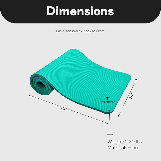 BalanceFrom GoCloud 71x24 Inches Extra Thick Yoga Mat 1-Inch High-Density Foam – Roll-Up Exercise Pad with Double-Sided Non-Slip Surface and Carrying Strap for Pilates and Home Workouts