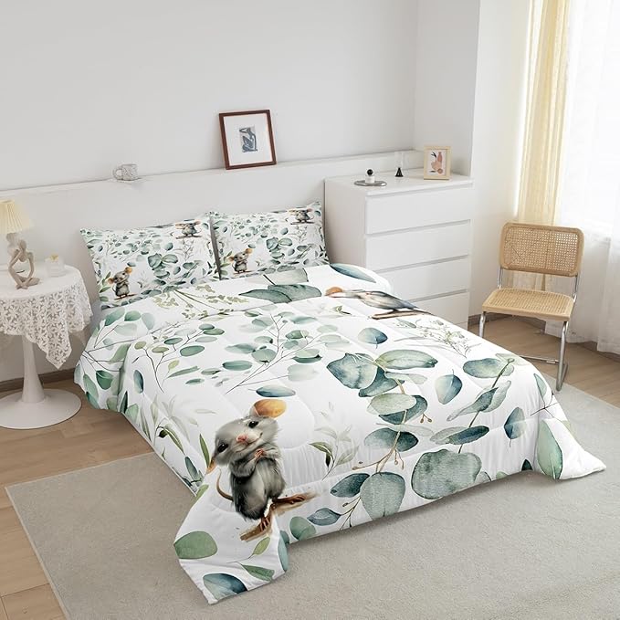 Erosebridal Kids Cute Animal Twin Comforter Set for Girls Boys Cartoon Mouse Bedding Set Twin, Spring Eucalyptus Bedding Comforter Sets Leaves Duvet Set, Kawaii Animal Mice Quilted Comforter