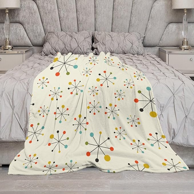 Mid Century Throw Blanket, Retro Abstract Geometric Pattern Boho 1950s 1960s Iconic Atomic Starbursts Modern Sputnik Print Blanket for Couch Sofa Bed Decorative Gifts 40"x50"