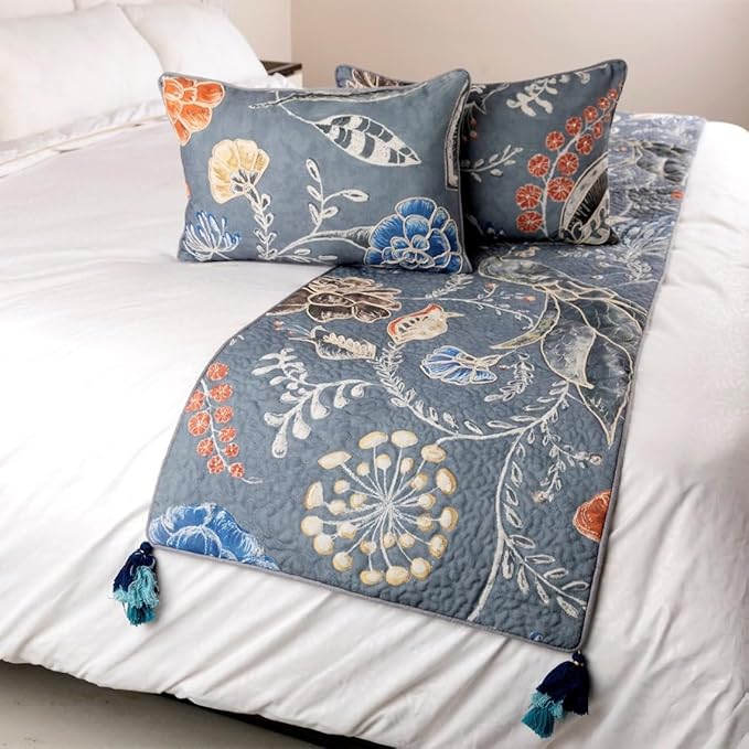 The HomeCentric Blue Bed Runner, King Size 90"x18" Decorative Bed Runner with Matching Pillow Cover, Blue Linen Bed Scarf in Quilted Peacock, Linen & Jute Embroidery - Peacock Willow