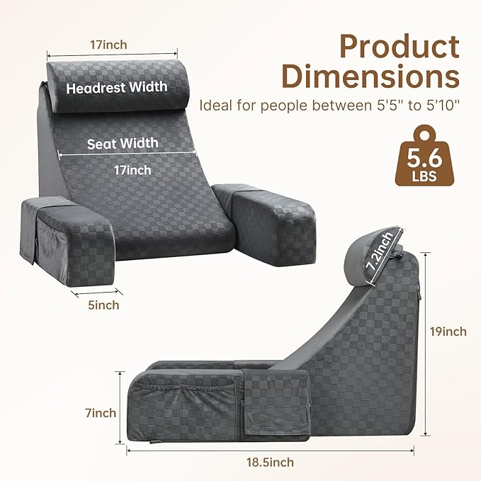 Vekkia Reading Pillow for Adults – Ergonomic 45° Wedge Back Support Chair for Sitting in Bed, XL Side Pockets, Perfect for Working, Gaming, Watching TV, Relaxing, or Recovery, Great Gift Idea, 19”
