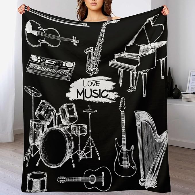 Music Blanket Drums Piano Guitar Black White Abstract Art Printed Soft Cozy Lightweight Throw Blanket for Kids Girls Boys Women Bedroom Living Room Dorm Chair Sofa Travel 50x60in