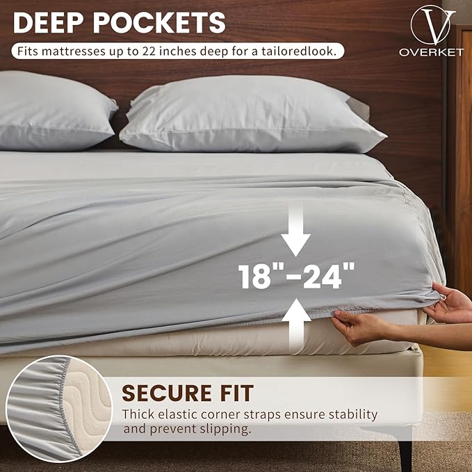 100% Linen Sheet Set Queen Size Extra Deep Pocket Fits 18-24 Inch Mattress, Breathable & Soft, Smooth 4-Piece Set for Thick Mattresses Hotel Luxury Bedding（Queen, Grey）