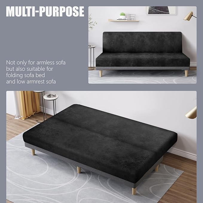 molasofa Leather Like Stretch Futon Slipcover Armless Futon Bed Sofa Cover Furniture Protector with Elastic Bottom, Soft and Washable Futon Cover for Sofa Bed Stay in Place（Medium，Dark Grey）