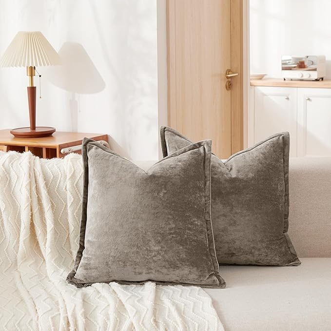 Luxurious Velvet Euro Shams Decorative Throw Pillow Covers 26x26 Set of 2 Solid Square Euro Pillow Shams for Sofa Couch Bedroom, Brown