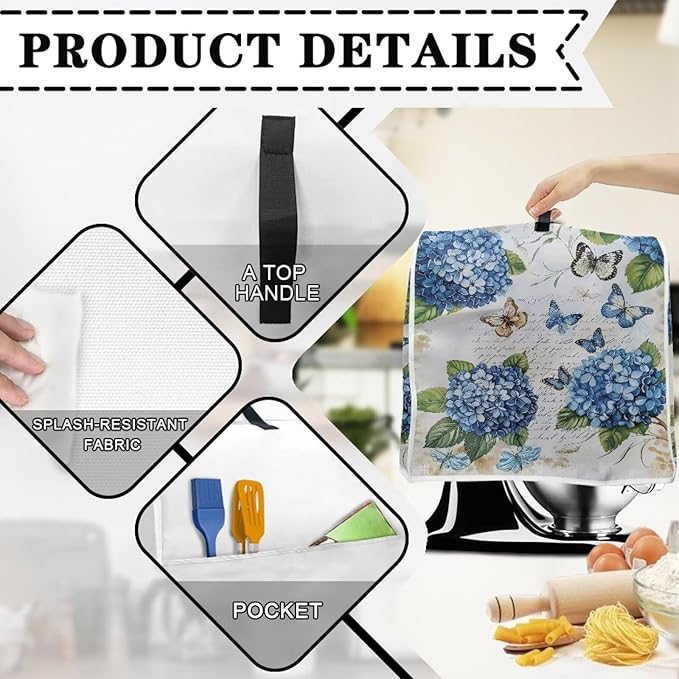 Butterfly Stand Mixer Cover 6-8 Quart Hydrangea Floral Kitchen Appliance Dust Cover Universal for Air Fryers, Coffee Makers Pressure Cooker Mixer Parts & Accessories