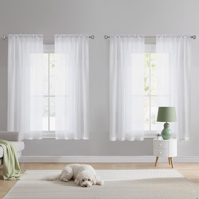NICETOWN White Sheer Curtains 54 inches Long 4 Panels, 42 inch Wide Rod Pocket Light Filtering Drapes Translucent Modern Voile Airy & Breathable Window Treatment for Kitchen