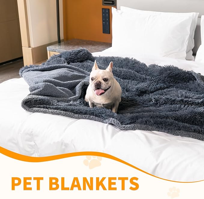 Calming Cat Blanket for Bed Couch Sofa Cover Grey Waterproof Dog Blankets for Large Dogs Washable Long Faux Fur Pet Throw Blanket for Puppy Reversible Furniture Protector, (Gray XL-85x57in)