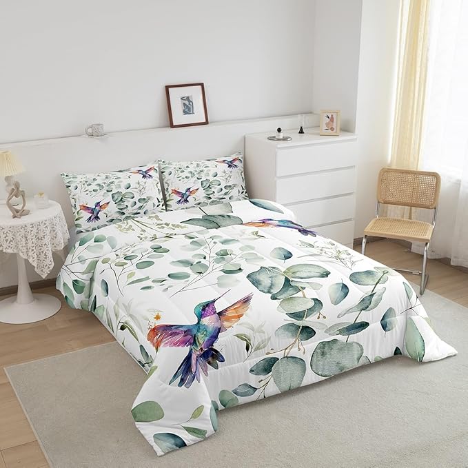 Erosebridal Cartoon Hummingbird King Size Comforter Set Toddler Wildlife Bird Bedding Set, Spring Plant Down Comforter Eucalyptus Leaf Bed Set, Jungle Animal Theme Quilted Duvet Kids Room Decor