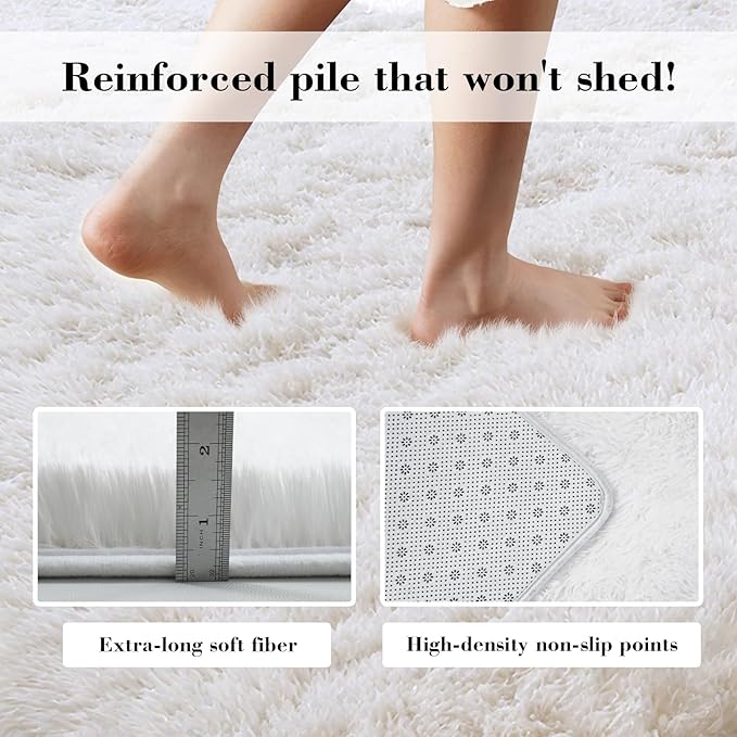 Fluffy Rug Shaggy Area Rug, White 5x8 Area Rugs for Bedroom, Small Bedside Rug, Soft Fluffy Shaggy Entryway Throw Rugs for Living Room Bedroom Kids Room Home Decor