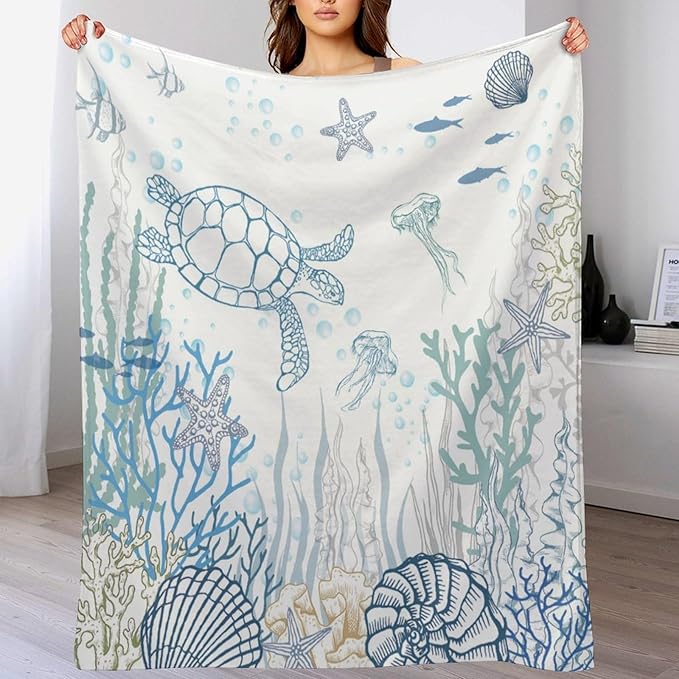 Nautical Turtle Throw Blanket, Coastal Sea Ocean Theme Coral Starfish Seashell Jellyfish Undersea Life Fleece Blanket for Summer Home Bed Sofa Couch Chair, 30"x40"