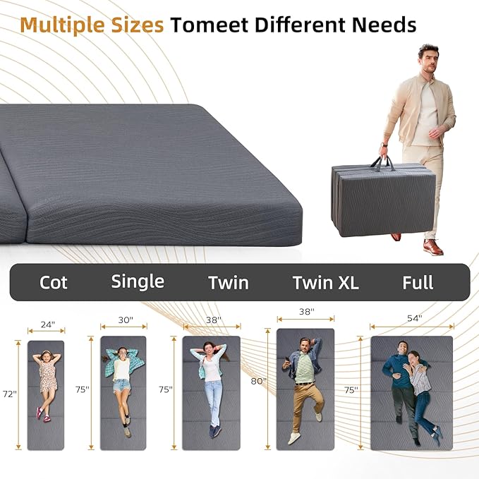 Foldable Memory Foam Mattress - 3 Inch Twin XL Waterproof Collapsible Mattress with Washable Cover, Portable Guest Bed Pad, Sleeping Mat for Travel RV Camping Yoga, Non-Slip Bottom,80"x38"x3"