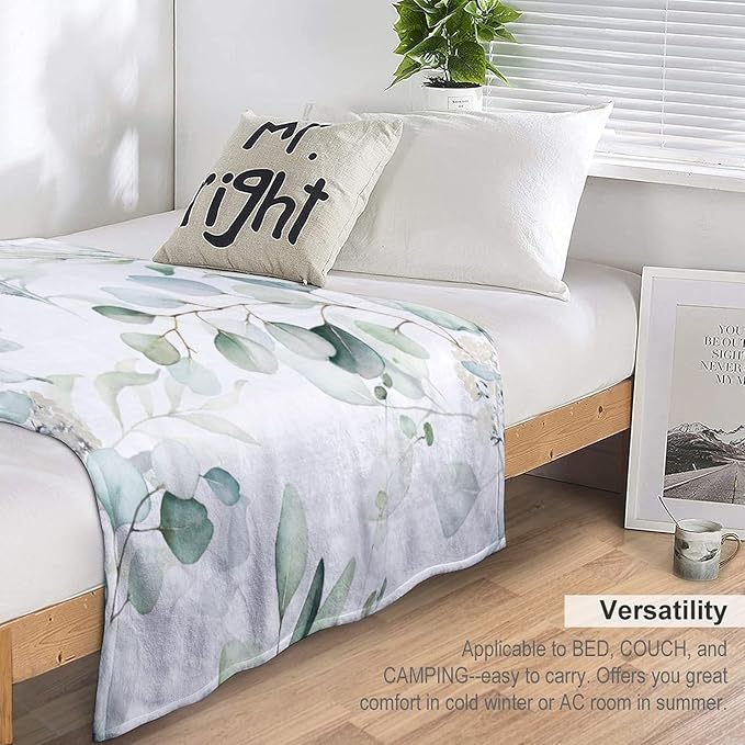 Eucalyptus Leaf Throw Blanket, Watercolor Floral Spring Botanical Green Plants Herb Print Cozy Plush Blanket for Bedroom Living Rooms Sofa Couch, 50"x60"