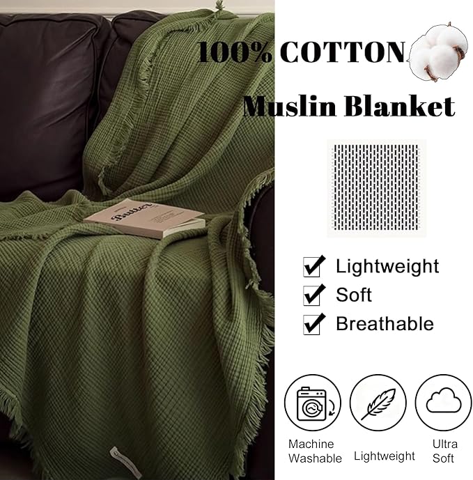 MorroMorn 100% Cotton Muslin Blanket with Fringes Twin Size 60"x80", 4-Layer Gauze Blankets for Adults, Boho Bedding Breathable Lightweight Ultra-Soft for Couch Bed All Seasons, Olive Green