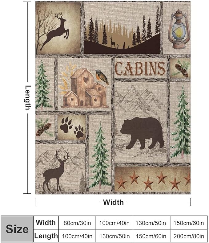 Rustic Cabin Bear Blanket, Lake Country Lodge Bear Deer Forest Farmhouse Camp Print Soft Warm Cozy Lightweight Decorative Blanket for Couch Bed Sofa Travel, 40"x50"