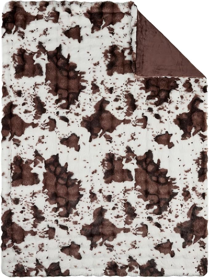 Lotus Karen Faux Fur Throw Blanket Cow Print-Dark Brown, Fluffy Fuzzy Plush Bubble Blanket for Couch, 80x60 Inches Cozy Shaggy Rabbit Blanket, Luxury Decorative Gifts for Sofa Bedroom Living Room.