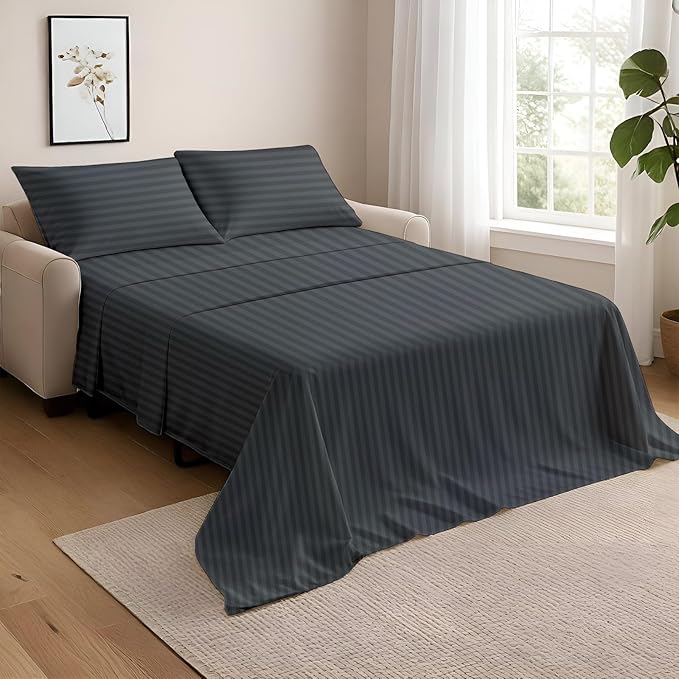NON Sticky cotton Queen Size Sleeper Sofa Sheets, 4 Piece Egyptian Cotton Bed Sheet Set for Sofa Bed, 8" Deep Pocket for Pull Out Couch Mattress, 60" x 75", Dark Grey Stripe, Soft & Breathable