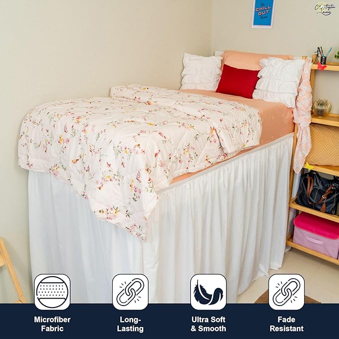 Cottington Lane Extra Long Ruffled College Dorm Bed Skirt 30 Inch Drop, Premium Hotel Collection Brushed Mircofiber Twin XL Dust Ruffle Raised Dorm Room Essentials and Decor, White Solid
