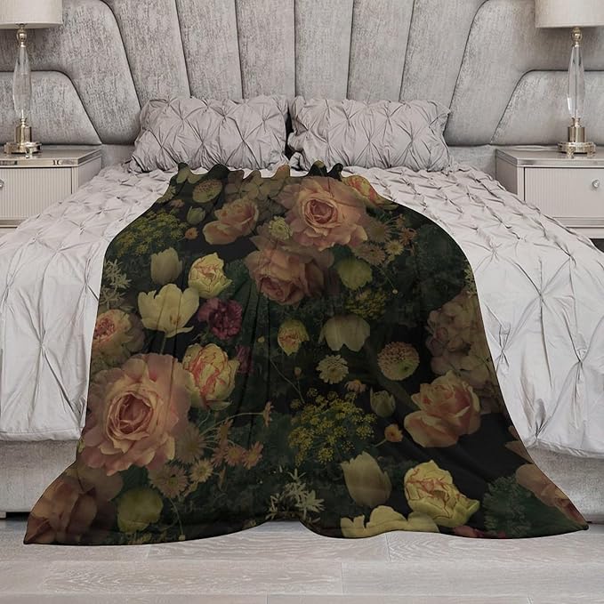Black Floral Blanket, Rustic Watercolor Botanical Rose Peony Vintage Leaves Plant Boho Gothic Print Throw Blankets for Bed Living Room Bedding Couch Soft Decor, 50"x60"