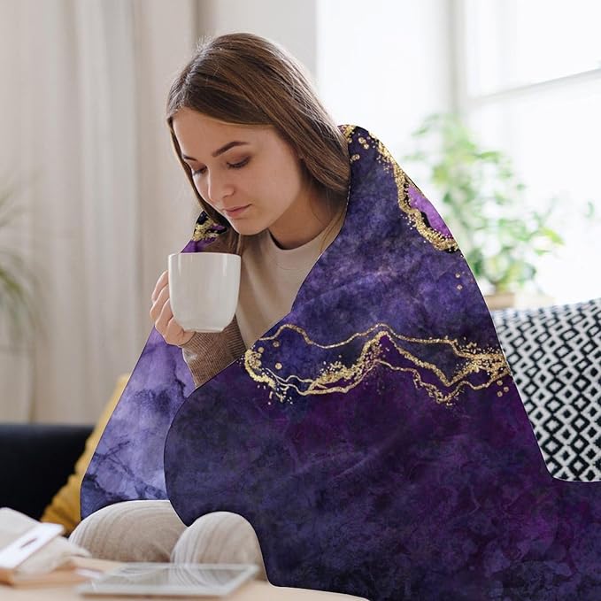 Modern Marble Blanket, Abstract Luxury Baroque Art Golden Purple Stone Veins Pattern Soft Warm Cozy Plush Flannel Covers for Livingroom Bedroom Couch Chair Camping Travel Home Decor Tapestry 50x60in