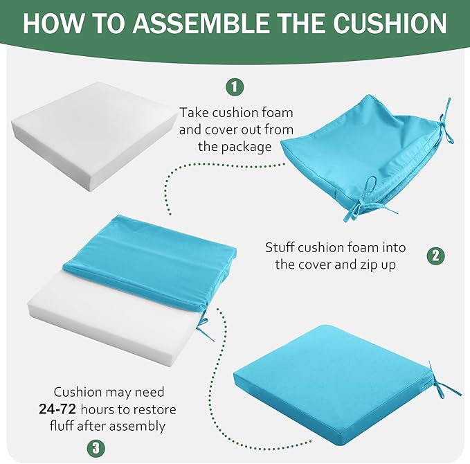 Outdoor Chair Cushions Set of 4: Waterproof & Fade Resistant Seat Cushion for Patio Furniture - 19 x 19 x 2 Inch Chair Pads with Ties and Hidden Zipper - Patio Chair Cushion Replacement, Teal