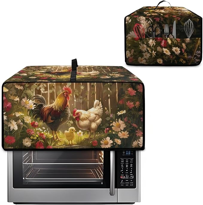 Air Fryer Toaster Oven Dust Cover with Side Pockets, Protective Countertop Microwave Oven Cover for Home Indoor Decor, M, 16.5 x 20.5 x 10 Inches, Rooster Chicken Daisy Print