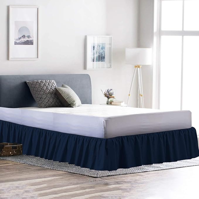 Ruffled Bed Skirt (Full XXL, Navy Blue Color) 12 Inch Drop Dust Ruffle with Platform, 100% Cotton 800 Thread Count Fabric - Dust Ruffle Bedskirt for Easy Fitting and Easy Care